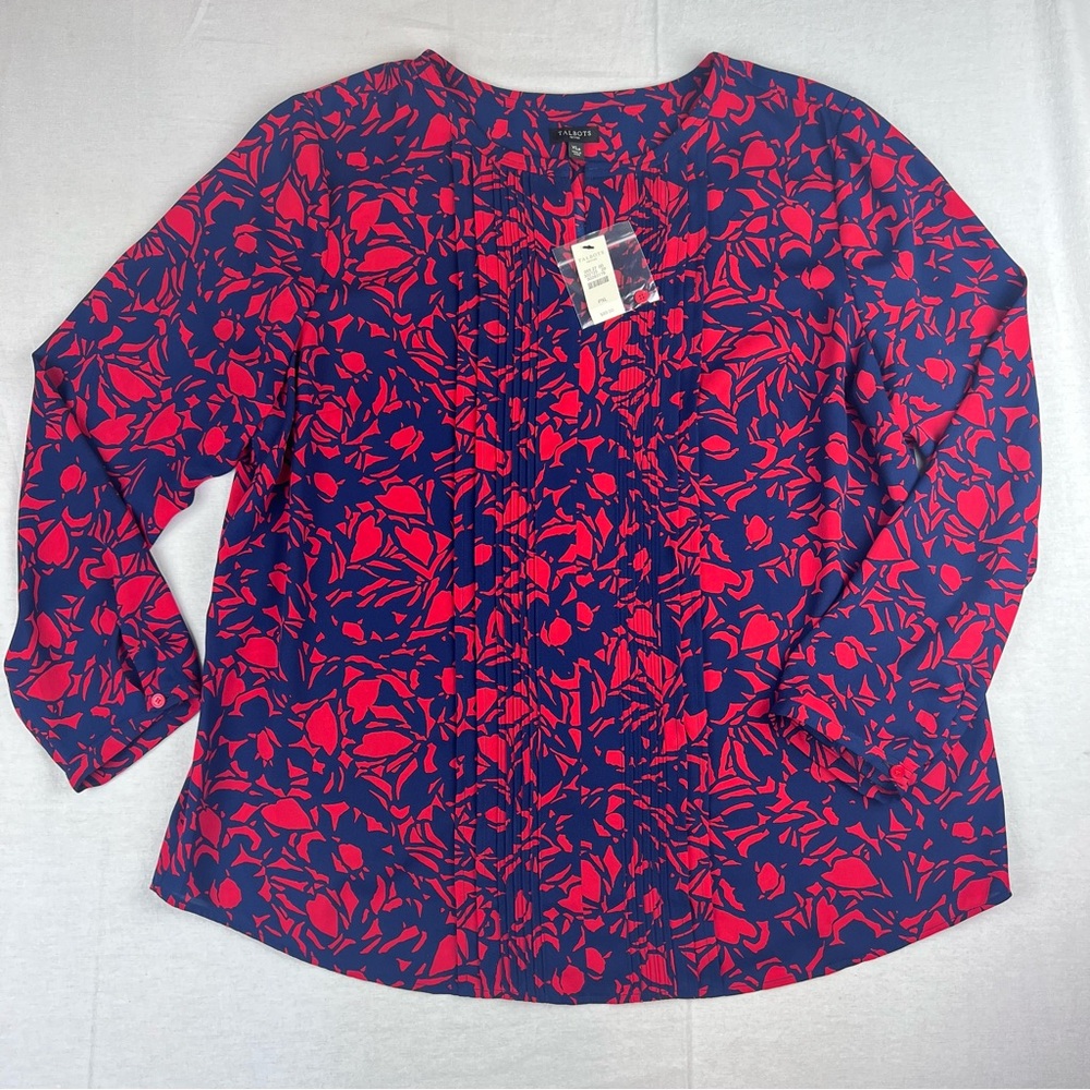 TALBOTS Red Floral Navy Blouse XL Petite Pleated Front Long Sleeve Round Hem